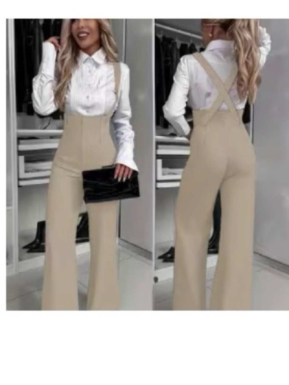 High-Waist Beige Suspender Wide-Leg Jumpsuit